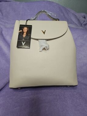 Off white Structured Backpack with Gold V Accent